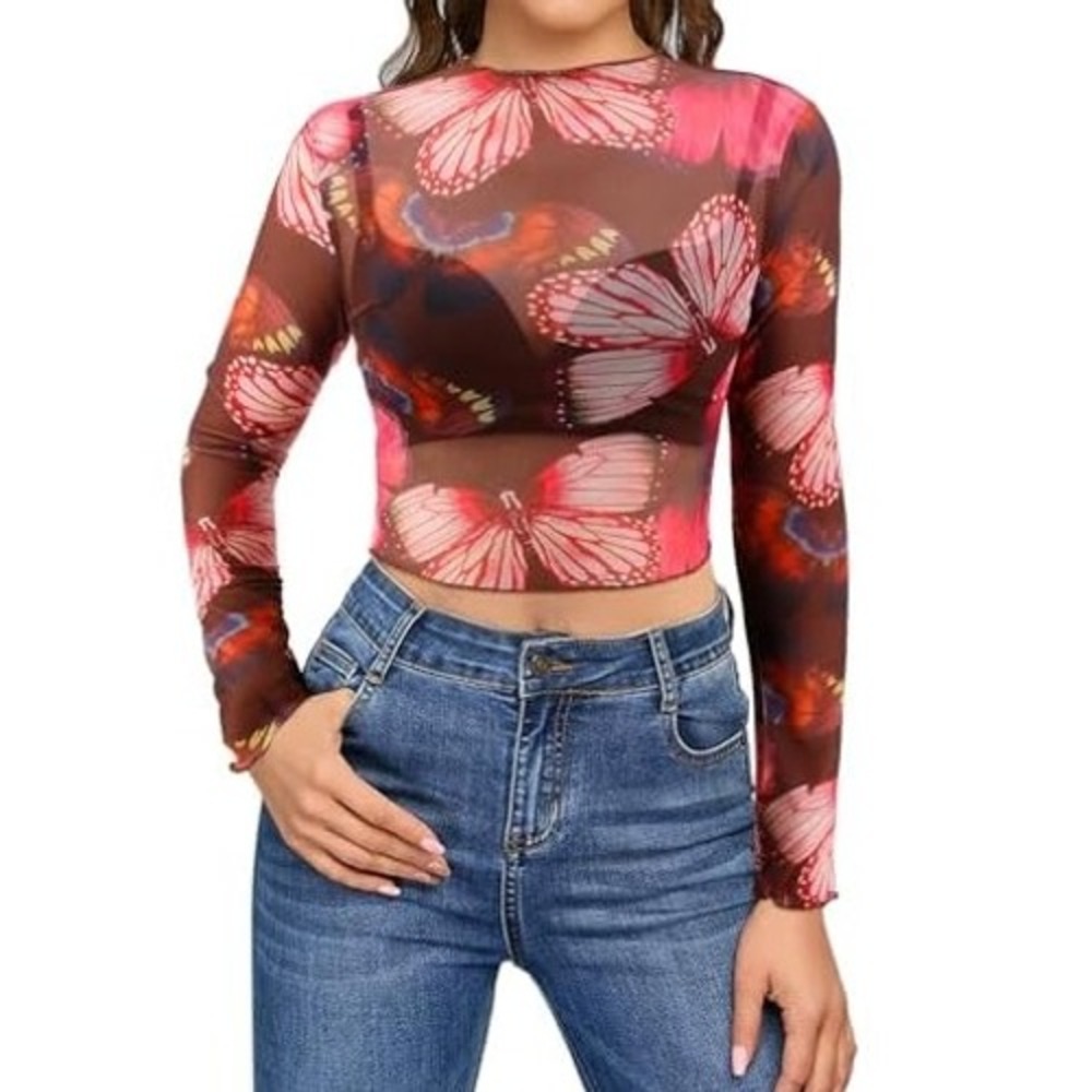 Y2K Mesh Semi Sheer Butterfly Ruffle Hem Long Sleeve Crop Cropped Top Small